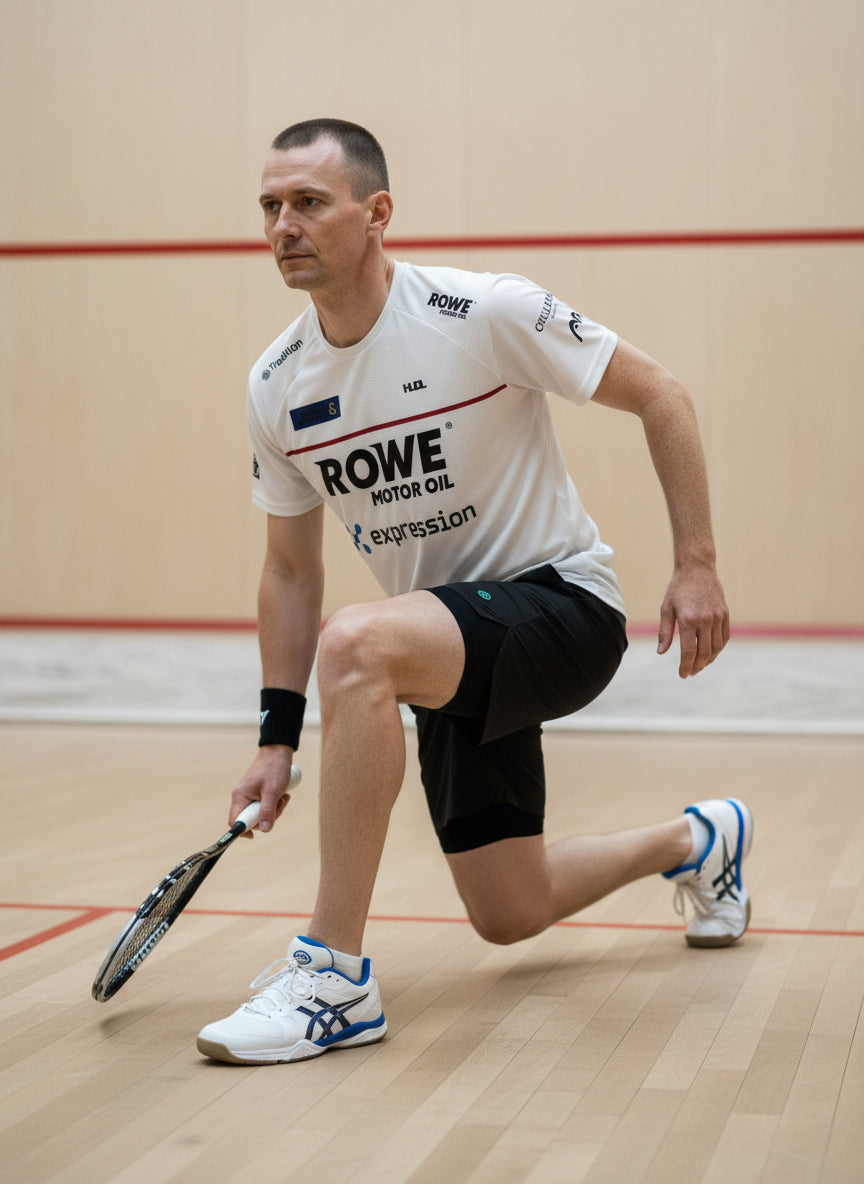A man wearing Paul Coll men's squash 2-in-1 shorts 2026 – XTPro fabric, built-in liner, co-designed with World #2