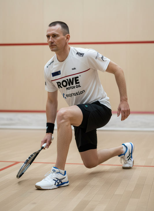 A man wearing Paul Coll men's squash 2-in-1 shorts 2026 – XTPro fabric, built-in liner, co-designed with World #2