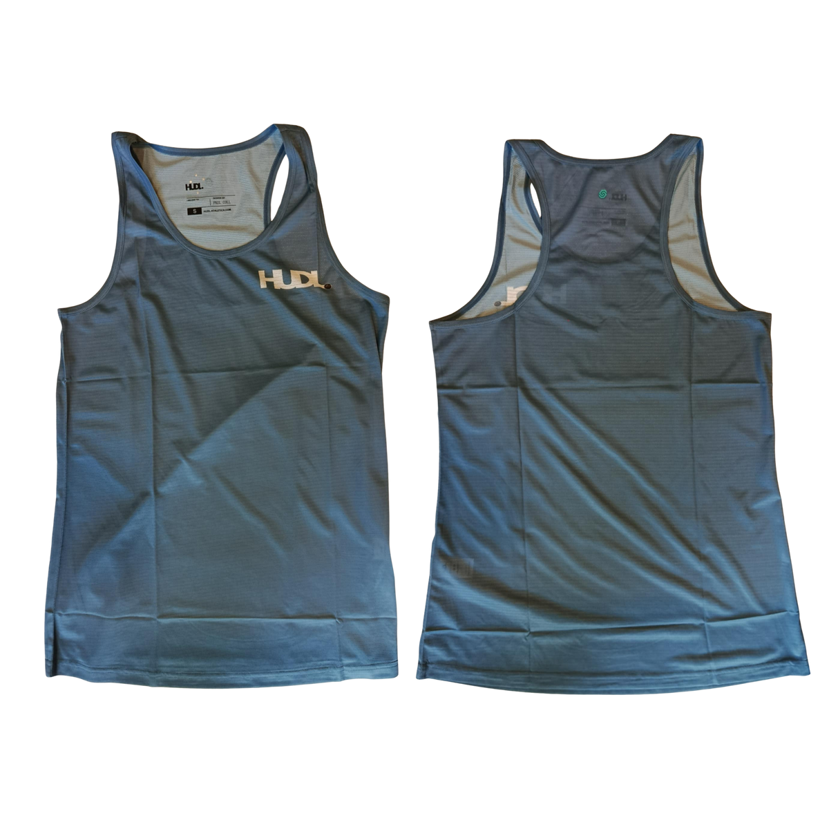Back and Front HUDL women's scoop neck squash training top – XTPro fabric, breathable racer-back design in Provincial Blue
